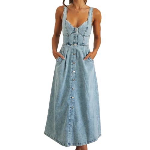 cffvdiz Women's Sexy Strap Maxi Denim Dress Summer Sleeveless Halter Bodycon Maxi Dresses2