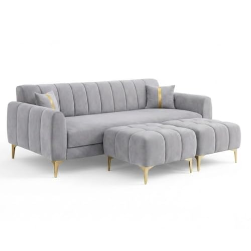 Image of Hermione 5 Seater L Shape Sofa Set with 2 Movable Ottoman | Flexible Left or Right Layout | Luxe Velvet Suede Fabric | Comfortable Seating | Modern Sofa for Living Room - Light Gray