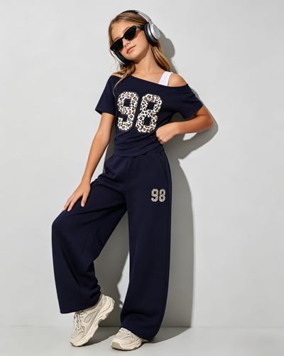Image of Teen Girls Clothes Off the Shoulder Top and Wide Leg Pants Matching Outfit Set with Pockets Size 7-16