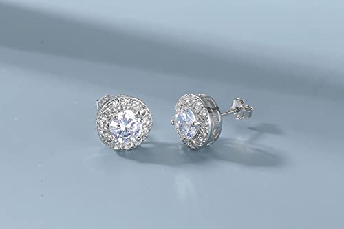 CERSLIMO Silver Stud Earrings for Women Girls, Round Faux Diamond Halo Earrings | Rectangle Teardrop Cubic Zirconia Stud Earrings Set - Dainty Bridal Earrings Jewelry for Brides Bridesmaids Wedding
