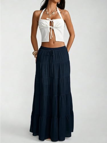 Image of Women's Boho Maxi Skirt Ruffle Flowy Low Rise A Line Beach Long Skirts | Flared Ruffle, Elastic Waist, Summer Vacation Skirts