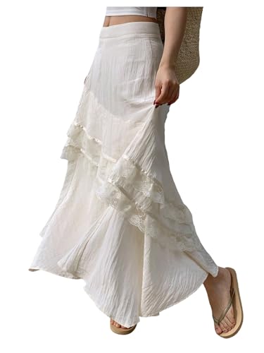 MakeMeChic Women's Summer Beach Ruffle Tiered Lace Trim Maxi Skirt A Line Loose Long Skirts