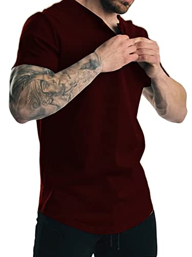 Mens Henley Shirts Short Sleeve Casual Summer T Shirts Muscle Slim Fit Workout Shirt Red Xxl #TOP2