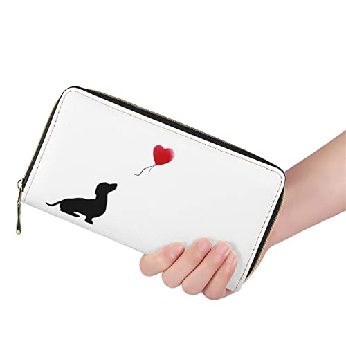 Dolyues niedlicher Dackel mit rotem Ballon-Aufdruck Kreditkartenetuis für Frauen, Lange Pu-Leder-Reißverschluss, Geld-Clutch-Taschen, Handyhülle, Geldbörse