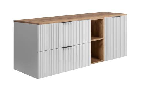 3E 3xE living.com Conjunto de baño: Mueble con cajones, Mueble con Puertas y balda 57×46×140 cm, Blanco/Roble Artesano, Tirador Negro
