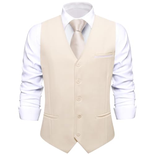 Image of Hi-Tie Men's Formal Suit Vest Solid Fit Vest for Men 3 Pockets V Neck Waistcoat Business Wedding Casual