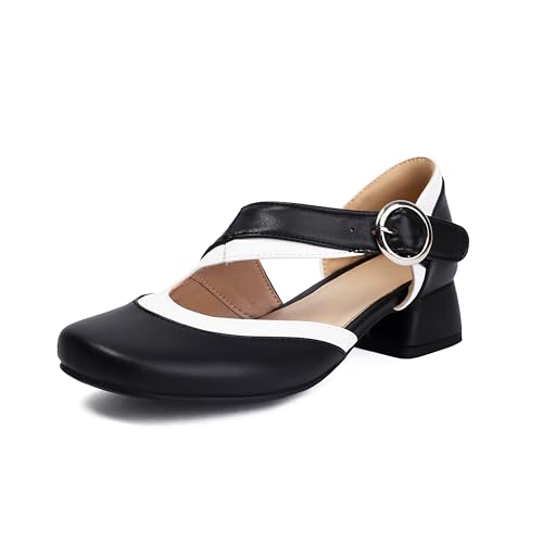 Elerhythm Women's Mary Jane Two Tone Ancke Strap Buckle Closed Round Toe Pumps Chunky Block Low Heels Sandals Shoes