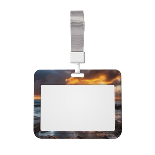 Sliding ID Badge Holder with Lanyard ID Card Case Hard Plastic ID Card Holder Sunset Clouds Coast Hawaii Name Tag Holders for Work Office Women Men