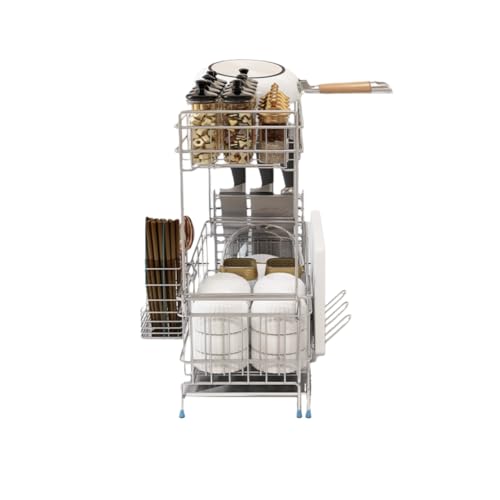 スライド伸縮式 切りかご スリム シンク上 ラック キッチン SUS304ステンレス 大容量 コップ立て 箸立て まな板立て 包丁立て おしゃれ 省スペース 耐錆性 キッチン収納 に置ける シンク (シルバー,長さ47cm(二重層))