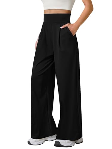 Womens Wide Leg Yoga Pants High Waist Loose Stretch Causal Lounge Workout Gym Trousers with Pockets Black