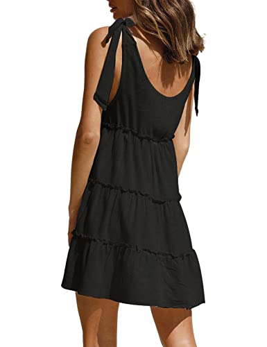 Image of AIMCOO Women's Sleeveless Tie Shoulder Tiered Frill Swing Dress V Neck High Waist Loose Dresses Solid Mini Babydoll Dress
