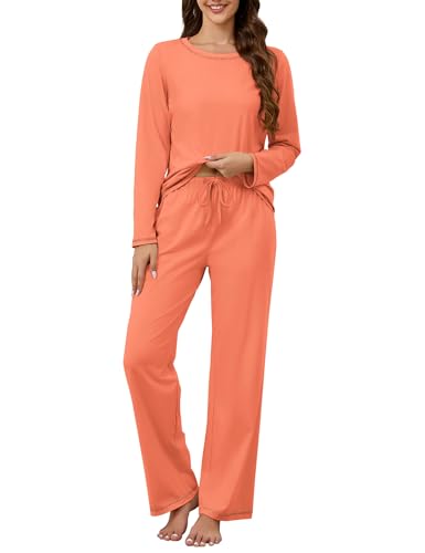 Image of KCW Womens Pajamas Sets 100% Cotton 2 Piece Lounge Set Long Sleeve Tops and Pants Soft Pjs Sleepwear with Pockets
