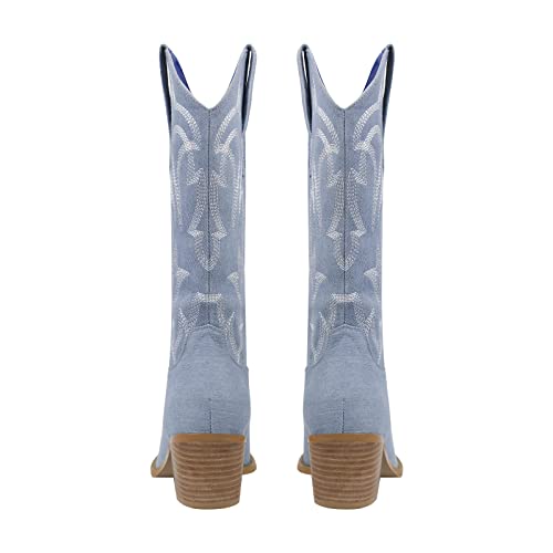 richealnini Women's Cowgirl Cowboy Boots Pull On Tab Embroidered Mid Calf Booties Western Boots in Denim3