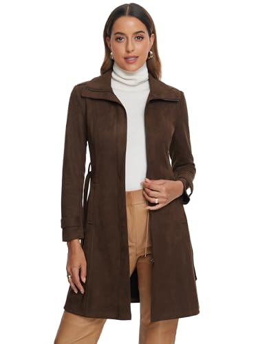 Allegra K Faux Suede Coat for Women's Belted Long Zipper Jacket