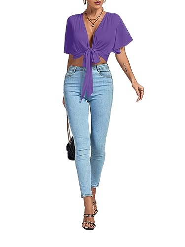 Image of LYANER Women's Sexy Deep V Neck Tie Front Wrap Cropped Blouse Bell Short Sleeve Ruffle Crop Tops