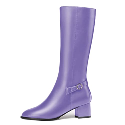 WAYDERNS Women's Round Toe Ankle Strap Matte Zip Chunky Low Heel Knee High Boots 2 Inch2