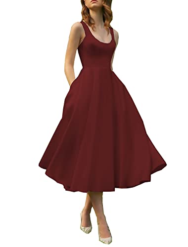 Lyhias Vintage 1950s Wedding Party Dresses Tea Length A-Line Sleeveless Scoop Neck Satin Homecoming Dress with Pockets LS006