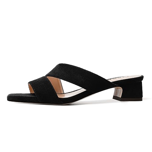 MERRORI Womens Slip On Casual Open Toe Evening Suede Chunky Low Heel Heeled Sandals 1.5 Inch2