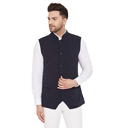 Image of HYPERNATION Navy Blue Color Cotton Men's Knitted Waistcoat(HYPM03115)
