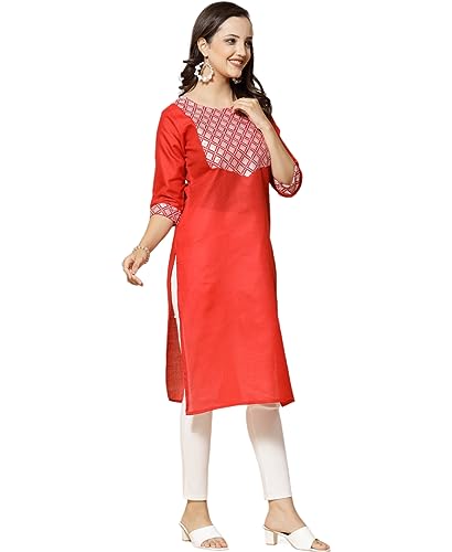 Image of Women's A-Line Cotton Embroidery Red Kurti |Red