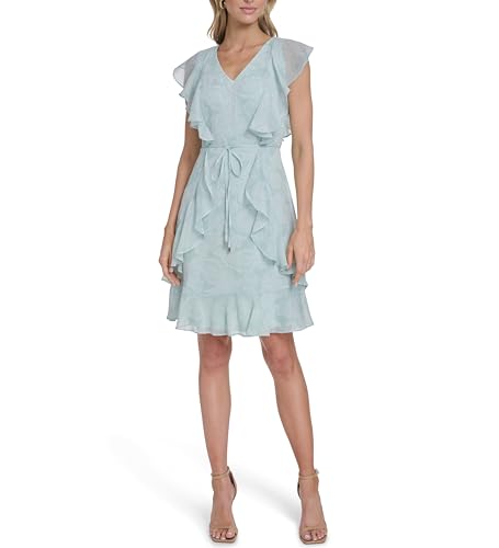 Image of Tommy Hilfiger Women's Sleeveless V-Neck Ruffle Trim Tie Waist Chiffon Mini Dress