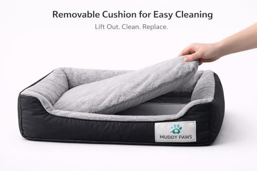 Image of MUDDY PAWS Reversible Sofa Style Dog Bed - XXXL (106 x 81 x 22 cm) - Plush Fur Surface, Removable Cushion & Anti-Skid Base - Black & Grey