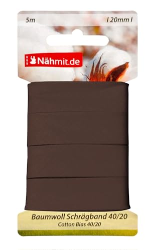 Nähmit 5m Karte Baumwoll Schrägband, 100% Baumwolle 20mm Breit - 40/20 vorgebügeltes Schrägband (A20-Braun, 5m Karte)