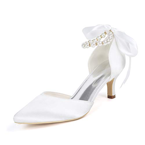 Women's Closed Toe Champagne Pearl Heels with Bow Wedding Shoes for Bride Low Heels Bridal Shoes Satin Heels Pumps