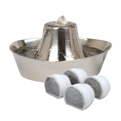 Image of Seaside Stainless Cat & Dog Fountain with 4-Pack of Carbon Filters | 60 Oz Capacity with Extra Carbon Filters, Triple-Filter Operation, 360-Degree Flow, Rust-Resistant Stainless Steel