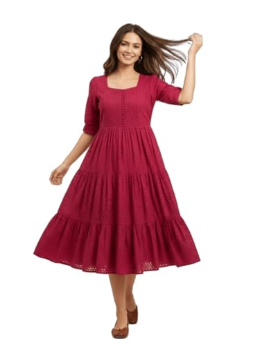 Image of Her Couture Cotton Midi Schiffli Embroidered Dress with Attached Belt