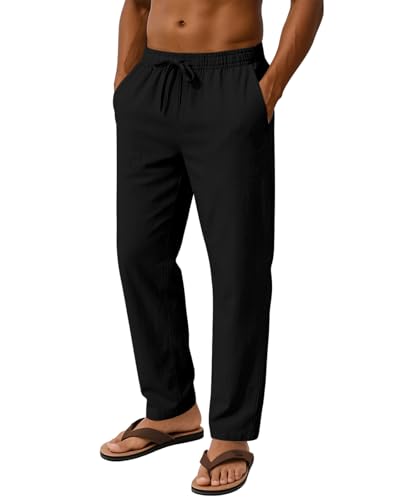 Men's Casual Linen Pants Summer Beach Trousers Loose Fit Straight-Legs Elastic Drawstring Waist Yoga Trousers2