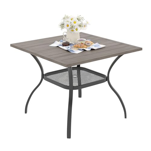 VICLLAX Patio Dining Table for 4 Square Metal Outdoor Table with Umbrella Hole and Storage Shelf for Garden Lawn Balcony Deck Grey