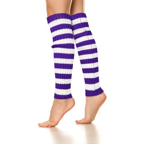 Image of Benefeet Striped Leg Warmers for Women & Girls - Ribbed Knit Soft Colorful Long Warmers for 80s 90s Dance Party