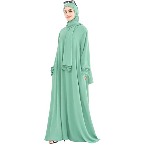 Khalat Women's Light Green One Size Long Sleeve Modest Abaya Dress with Hijab Scarf and Pocket