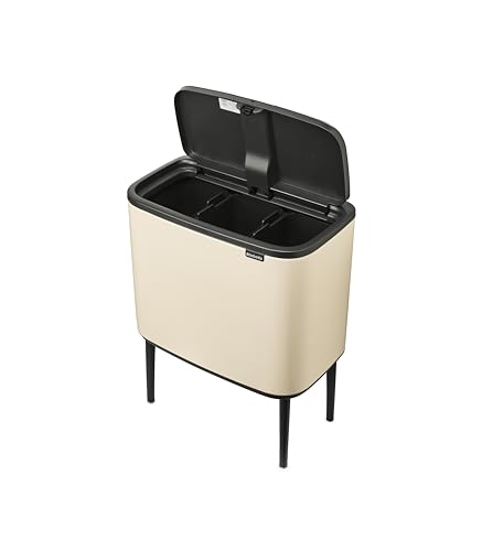 Image of Brabantia Bo Touch Top Kitchen Trash Can with Three Compartments & Raised Legs | Soft Beige | 3 x 3 Gal Inner Buckets | Soft-Close Garbage Can, Stay-Open Lid | Fits Against Wall | + Trash Bags
