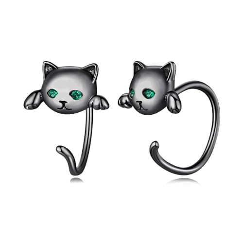 BISAER 925 Sterling Silver Half Huggie Hoop Earrings Cute Cat Dog Panda Animal Earrings for Women Jewelry Gifts