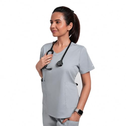 Image of Lite V-Neck 6-Pocket Women's Cotton ScrubSuit | Moisture-Wicking, Anti-Stain & Odor Protection | Classic Fit Top & Pant | All-Day Comfort for Doctors & Students Slate Grey (M)