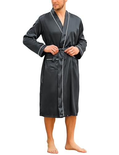 Bresdk Bata Hombre Seda kimono Batas de Casa Manga Larga Ligero Albornoz de Seda Súper Suave Clásica Camisón Pijama para Hombre, Gris negro, XL