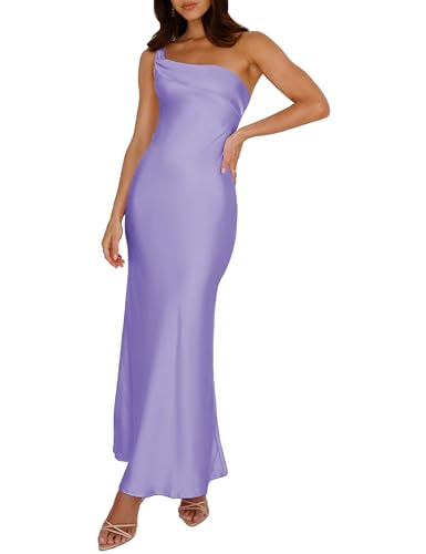 Image of 2026 Satin One Shoulder Maxi Dress for Women Summer Silk Formal Elegant Backless Ruffle Sleeveless Wedding Guest Dresses
