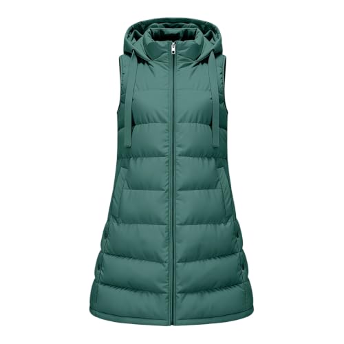 Long Puffer Vest Women Lightweight Quilted Hooded Warm Jacket Green XL - image 4