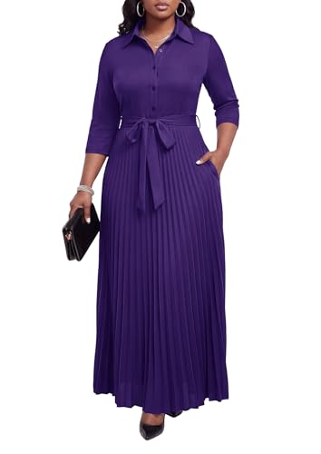 Image of Runwind Maxi Dresses for Women, 3 /4 Sleeve Botton Down Pleated Long Dress with Belt Casual Church Dress with Pockets