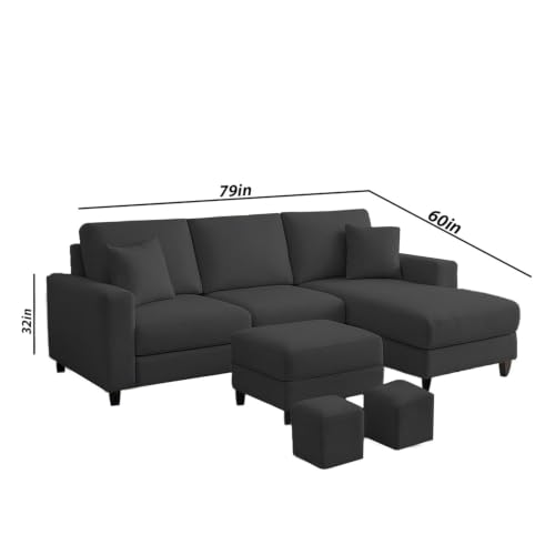 Image of Casaliving Rolando 4 Seater L Shape Sofa Set for Living Room Left Side (Black, 4 Seater with Ottoman - RHS) Sofa Set