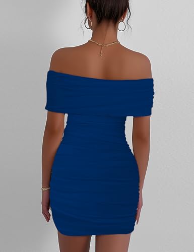 Image of Womens Off Shoulder Sleeveless Bodycon Dresses Ruched Solid Sexy Graduation Cocktail Party Mini Dresses