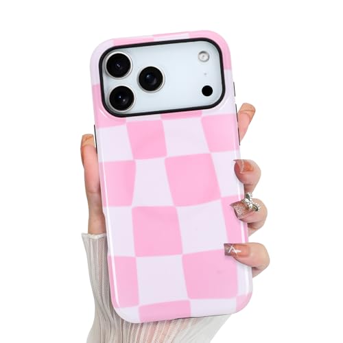 Coque iPhone 17 Pro Max MagSafe antichoc rose à motif damier esthétique