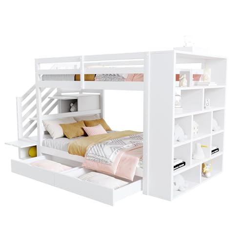 Azkoeesy Litera Infantil de 90 x 200 cm con escaleras, 2 cajones, 4 Cajas de Almacenamiento, estantería de pie, Cama Infantil para 2 niños y Adolescentes, Color Blanco