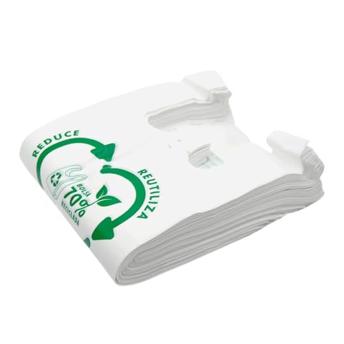 RASMACOR | Pack 100 Bolsas de Plástico Tipo Camiseta 70% Reciclado | Tamaño M 30x40 cm | Aptas Uso Alimentario, Resistentes, Reutilizables | Galga 200 | 50 Micras | Cumple todas las normativas