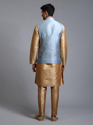 Image of VM Men's Grey And Cream Silk Blend Jacket, Kurta and Pyjama Set