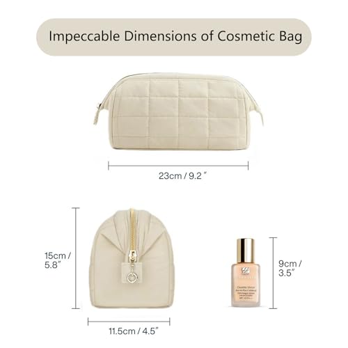 Image of Small Puffer Bag, Crescent Shoulder Bag for Women,Nylon Quilted Tote Handbags with Adjustable Strap (Beige+ Cosmetic Bag)