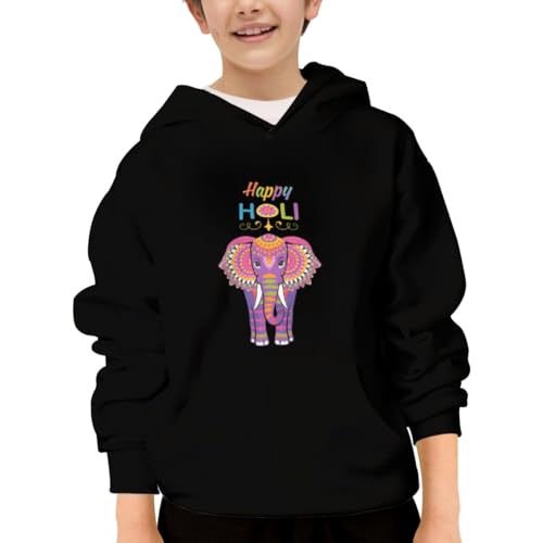 Retro Happy Holi Colors Festival Spring Elephant Hoodies for Teen Girls Boys Lightweight Kangaroo Pocket Sweatshirt