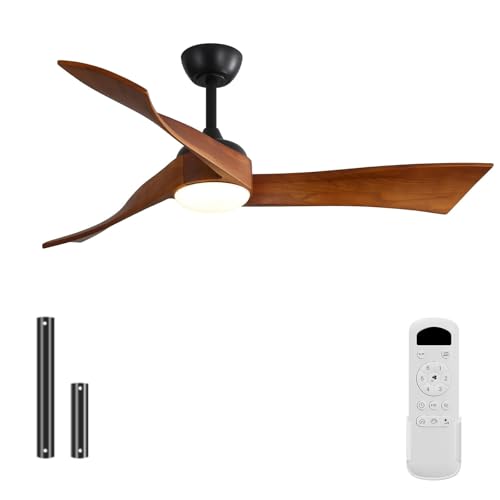 Sofucor 52 Inch Ceiling Fan with Light and Remote, Modern 3 Solid Wood Blades Ceiling Fan, 6 Speeds 5500CFM, Dimmable 3-Color LED with Memory, Timer & Quiet & Reversible DC Motor, ETL, Walnut Wood